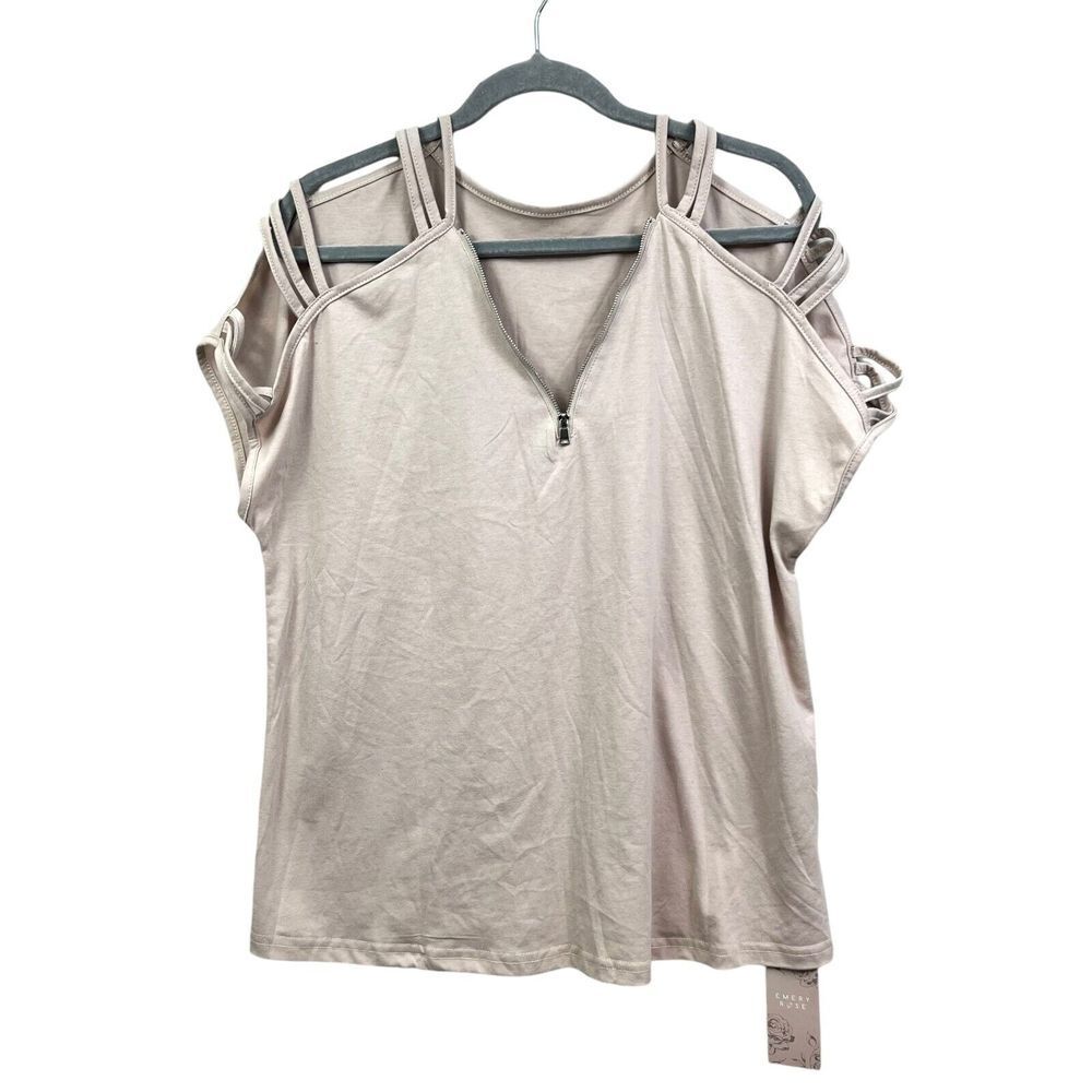 Emery Rose Womens Blouse Top Zipper V Neck Strappy Sleeves Nude Blush Sz 0XL*